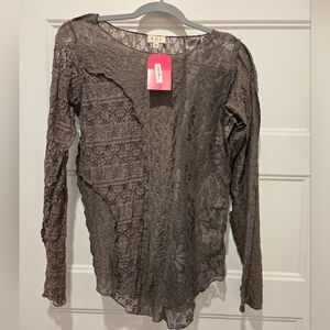 POL Women's Long Sleeve Lace & Crochet Top —Gray